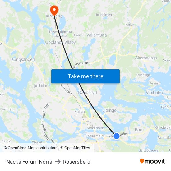 Nacka Forum Norra to Rosersberg map