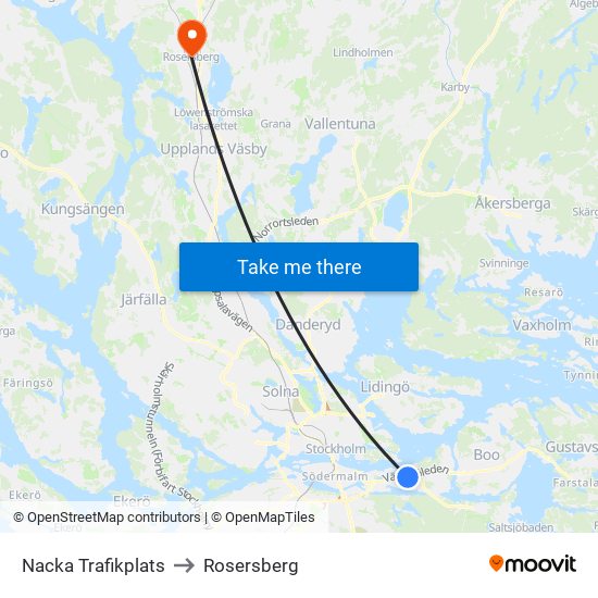 Nacka Trafikplats to Rosersberg map