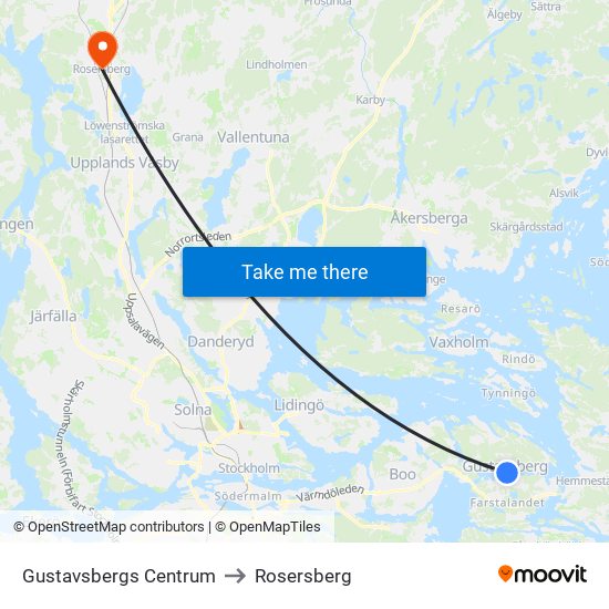 Gustavsbergs Centrum to Rosersberg map