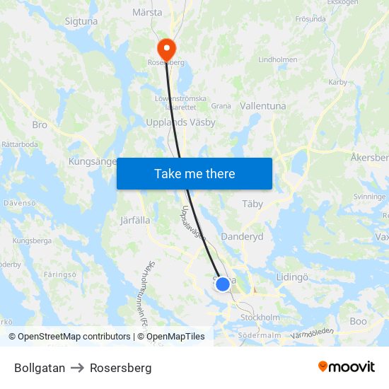 Bollgatan to Rosersberg map
