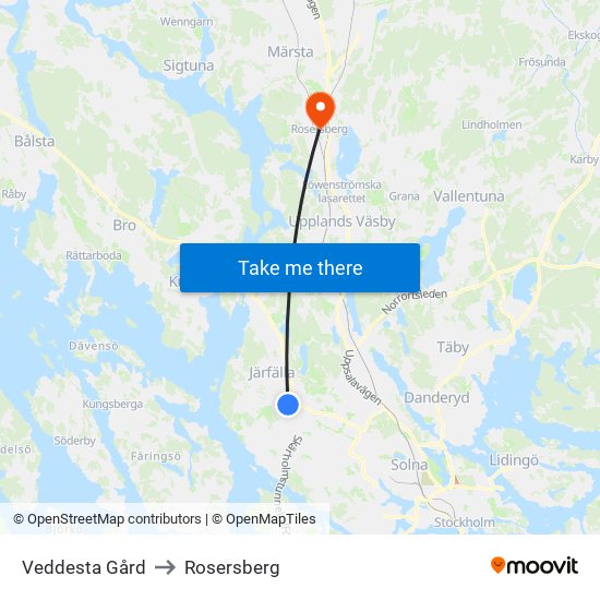 Veddesta Gård to Rosersberg map