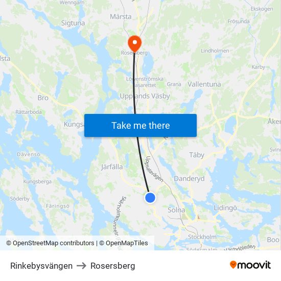 Rinkebysvängen to Rosersberg map