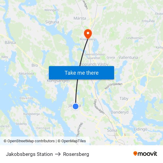 Jakobsbergs Station to Rosersberg map