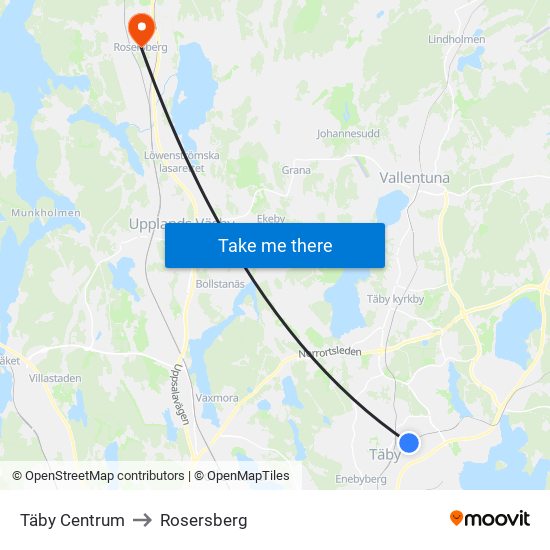 Täby Centrum to Rosersberg map