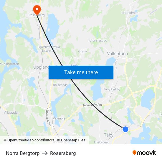 Norra Bergtorp to Rosersberg map