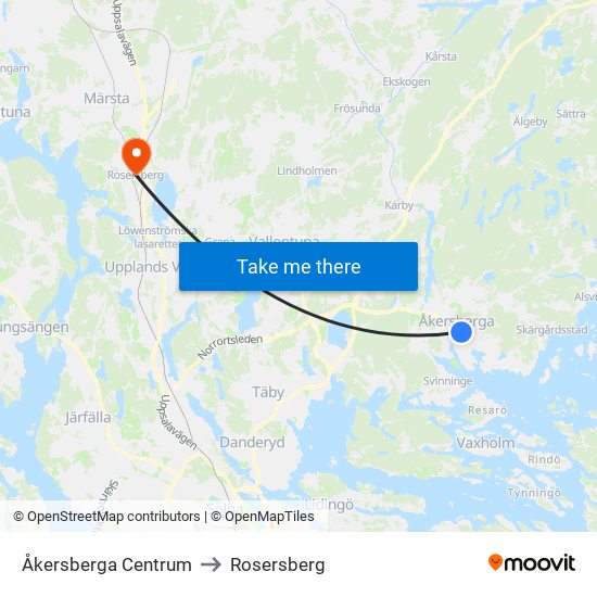 Åkersberga Centrum to Rosersberg map