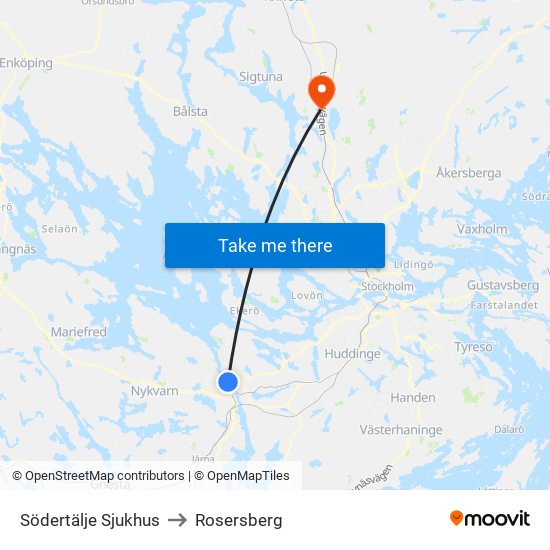 Södertälje Sjukhus to Rosersberg map