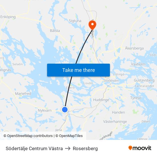 Södertälje Centrum Västra to Rosersberg map