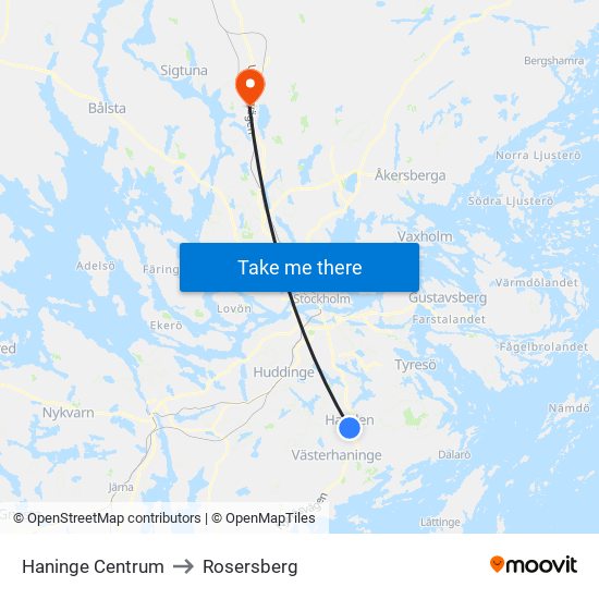 Haninge Centrum to Rosersberg map