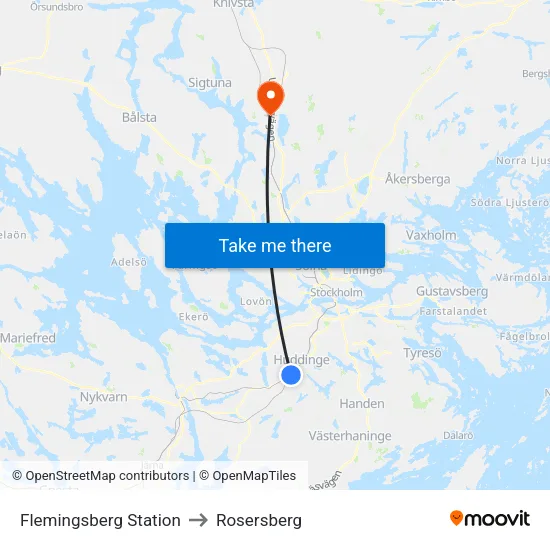 Flemingsberg Station to Rosersberg map