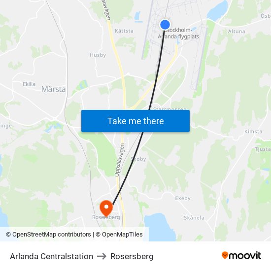 Arlanda Centralstation to Rosersberg map