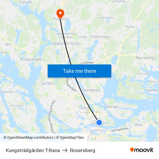 Kungsträdgården T-Bana to Rosersberg map