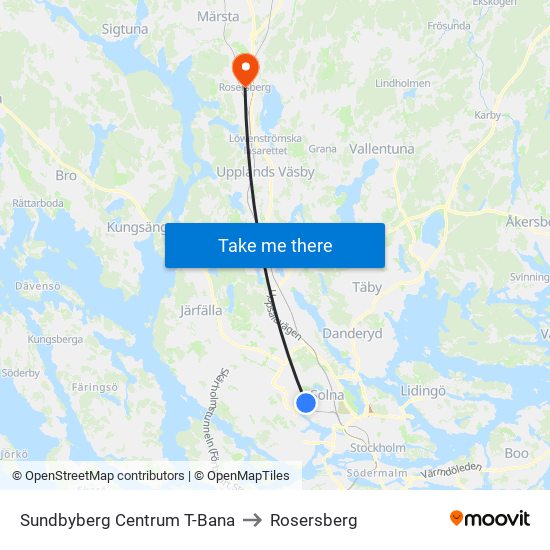 Sundbyberg Centrum T-Bana to Rosersberg map