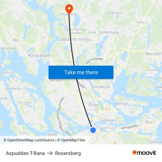 Aspudden T-Bana to Rosersberg map