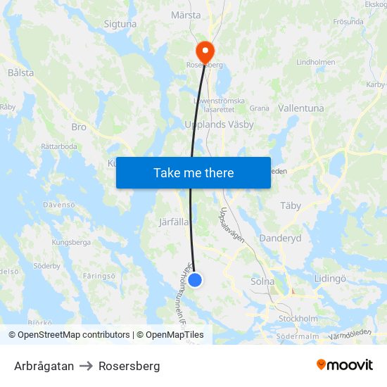 Arbrågatan to Rosersberg map