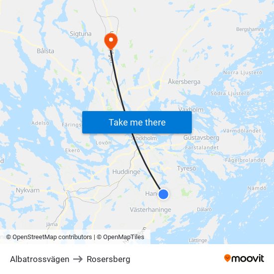 Albatrossvägen to Rosersberg map