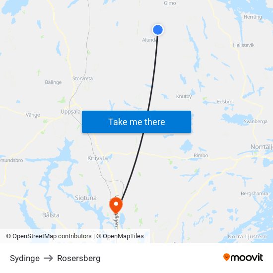 Sydinge to Rosersberg map