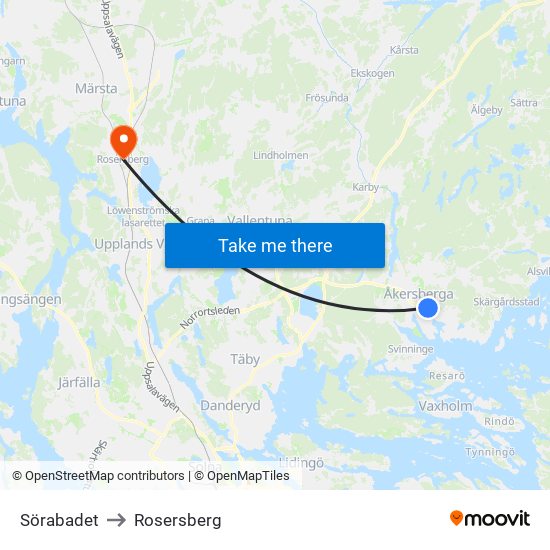 Sörabadet to Rosersberg map