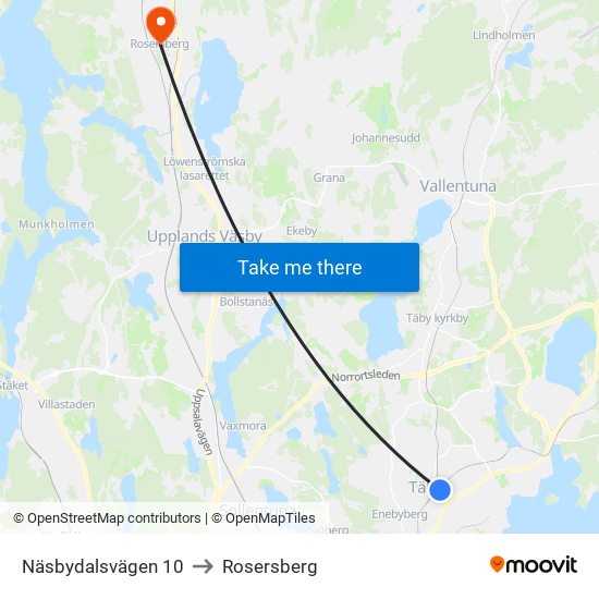 Näsbydalsvägen 10 to Rosersberg map