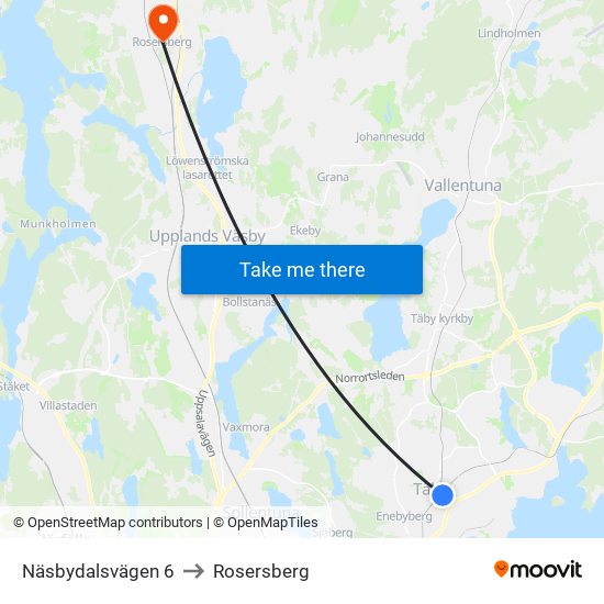 Näsbydalsvägen 6 to Rosersberg map