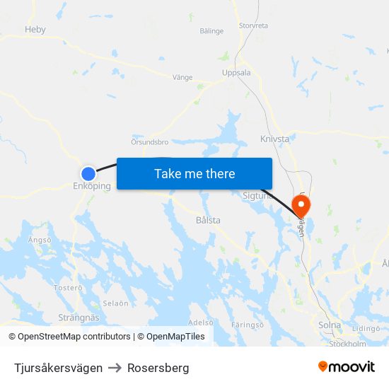 Tjursåkersvägen to Rosersberg map