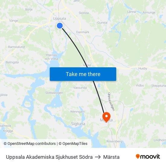 Uppsala Akademiska Sjukhuset Södra to Märsta map