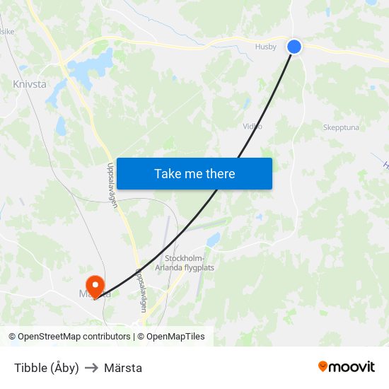 Tibble (Åby) to Märsta map