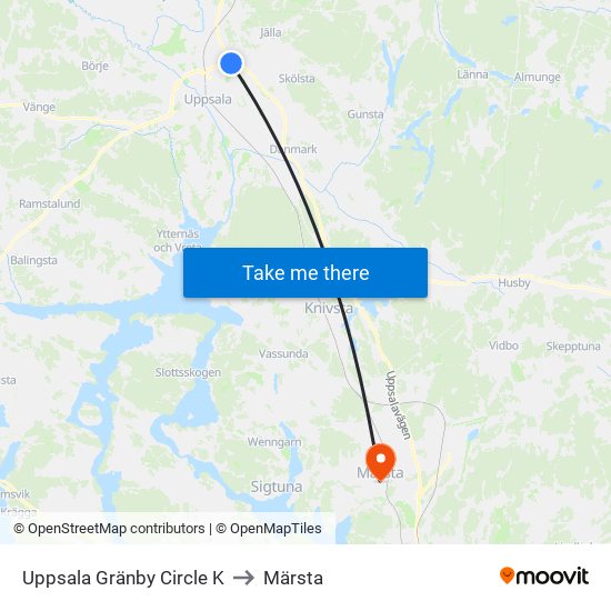 Uppsala Gränby Circle K to Märsta map