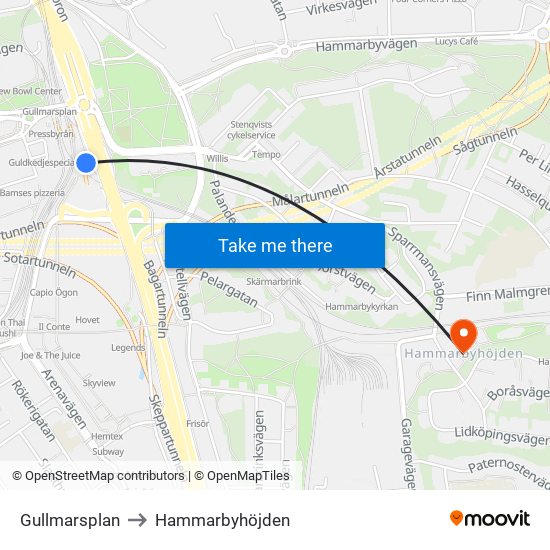 Gullmarsplan to Hammarbyhöjden map