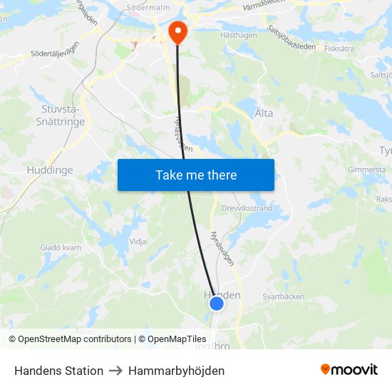 Handens Station to Hammarbyhöjden map