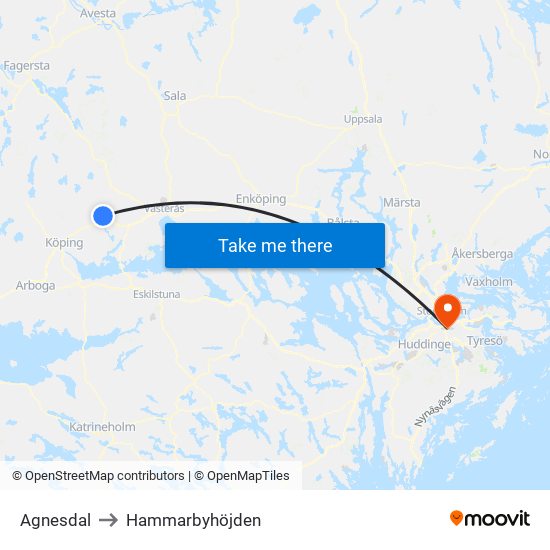 Agnesdal to Hammarbyhöjden map