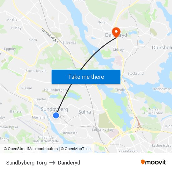 Sundbyberg Torg to Danderyd map
