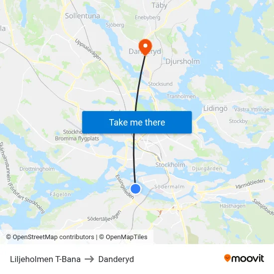 Liljeholmen T-Bana to Danderyd map