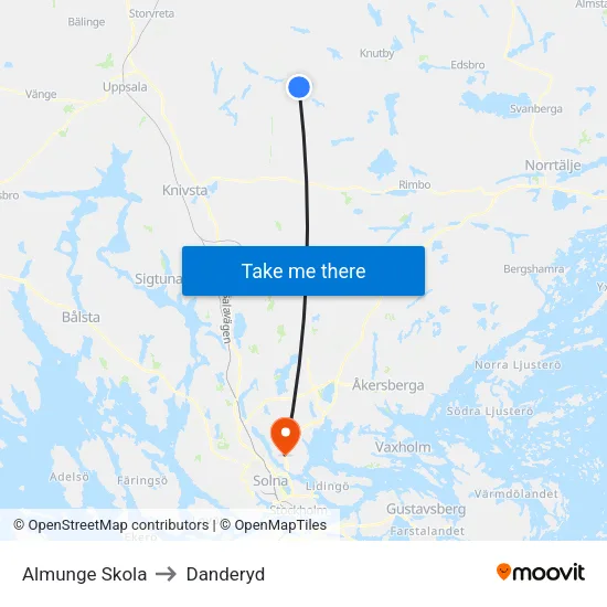 Almunge Skola to Danderyd map