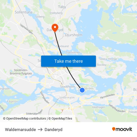 Waldemarsudde to Danderyd map