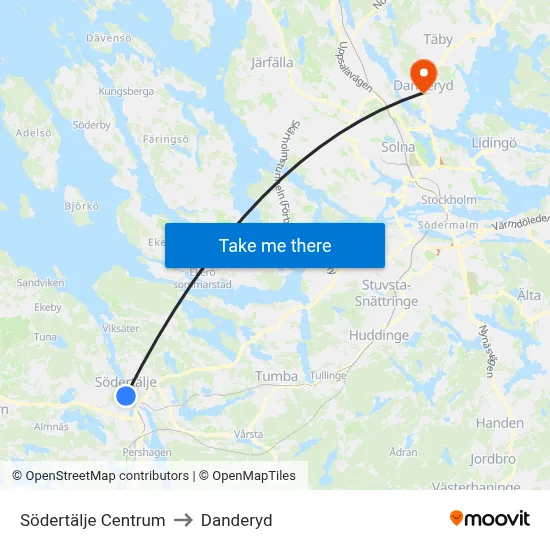 Södertälje Centrum to Danderyd map