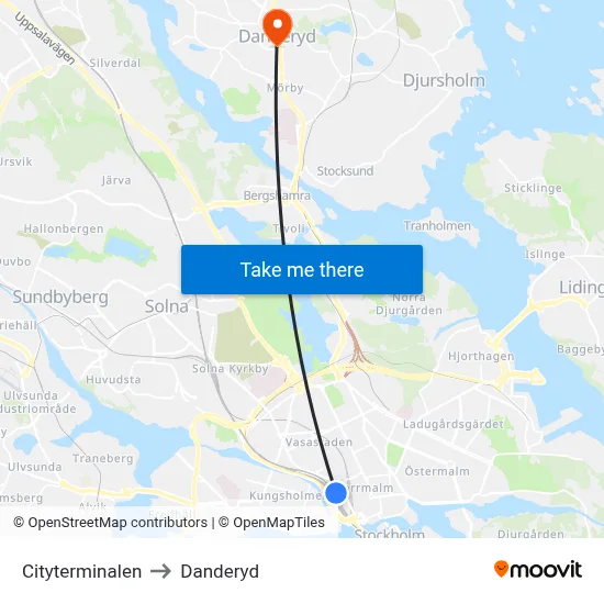 Cityterminalen to Danderyd map