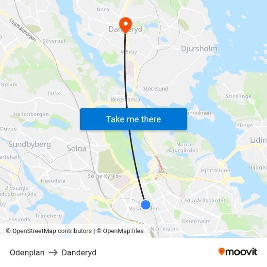 Odenplan to Danderyd map