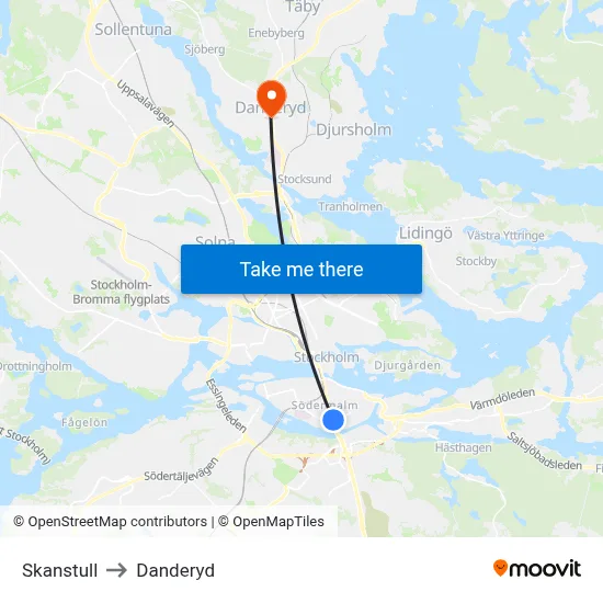 Skanstull to Danderyd map