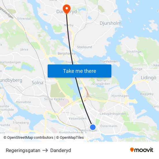 Regeringsgatan to Danderyd map