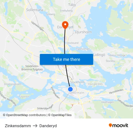 Zinkensdamm to Danderyd map