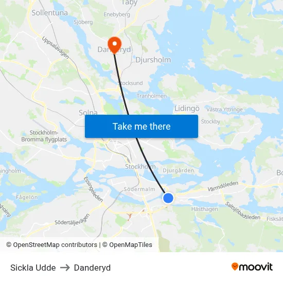 Sickla Udde to Danderyd map