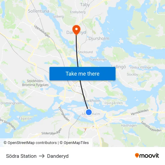 Södra Station to Danderyd map