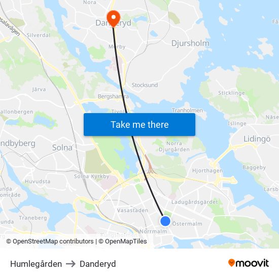 Humlegården to Danderyd map