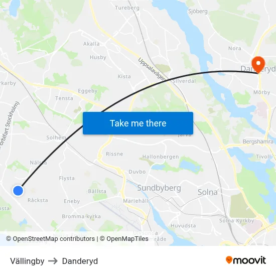 Vällingby to Danderyd map