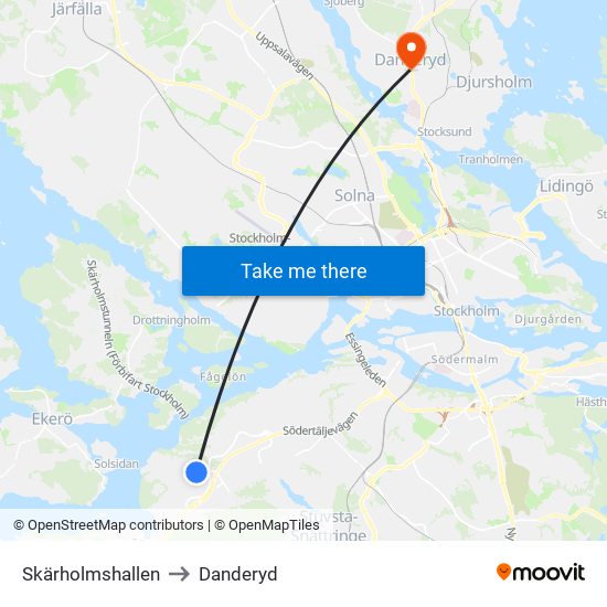 Skärholmshallen to Danderyd map