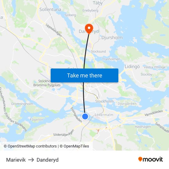 Marievik to Danderyd map