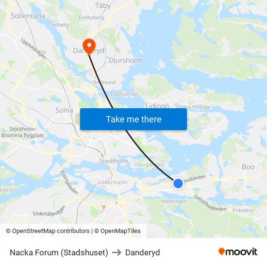 Nacka Forum (Stadshuset) to Danderyd map