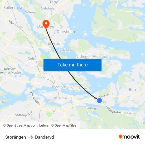 Storängen to Danderyd map