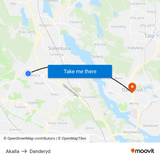 Akalla to Danderyd map